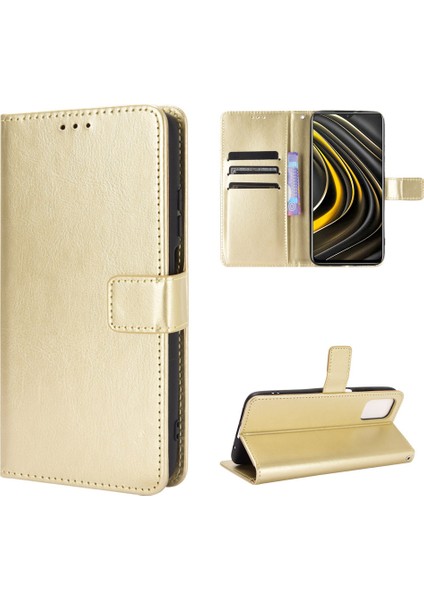 Çılgın At Cüzdanı Stand Deri Kabuğu, Xiaomi Poco M3-Gold Için Kayışlı (Yurt Dışından)