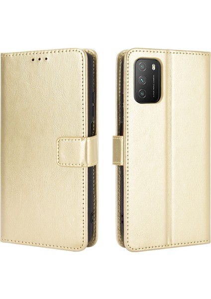 Çılgın At Cüzdanı Stand Deri Kabuğu, Xiaomi Poco M3-Gold Için Kayışlı (Yurt Dışından)