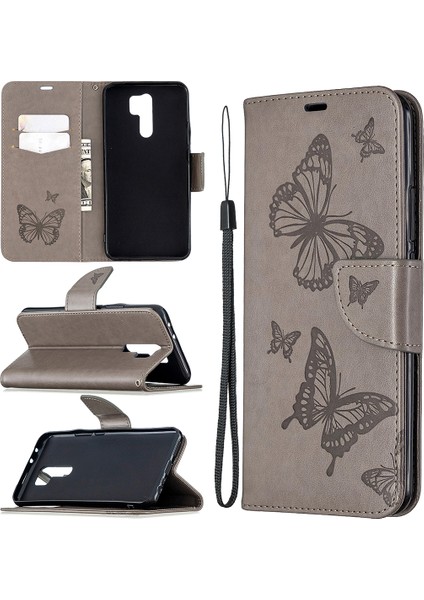 Baskı Kelebekleri Cüzdan Stand Flip Deri Telefon Kabuğu Xiaomi Redmi 9-Grey Için (Yurt Dışından)