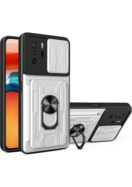 Çok Fonksiyonlu Halka Tutucu Kickstand Tasarım Pc+Tpu Kamera Slayt Kapağı ve Söndürülebilir Kart Tutucu ile Tpu Telefon Kılıfı Note 10 Pro 4g (Global)/(Hindistan)-Beyaz (Yurt Dışından)