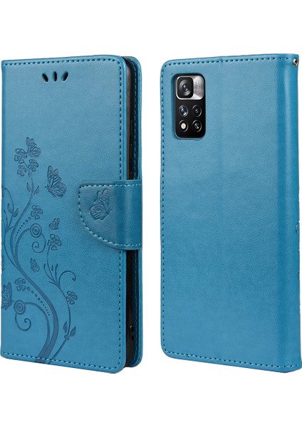 Basılı Kelebek Çiçek Deseni Pu Deri Manyetik Flip Kapak Standı Özellik Xiaomi Redmi Için Cüzdan Telefon Kılıfı Not 11 Pro 5g (Çin) (Mediatek)/not 11 Pro+ 5g-Mavi (Yurt Dışından)