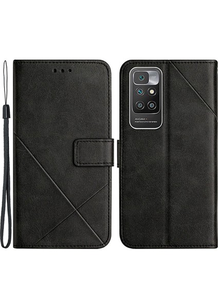 Stripe Deri Telefon Kasası Düz Renkli Cüzdan Telefon Kabuğu Xiaomi Redmi 10 4g (2021)/REDMI 10 2022 4g/redmi Not 11 4g (Mediatek)/redmi 10 Prime-Black (Yurt Dışından)