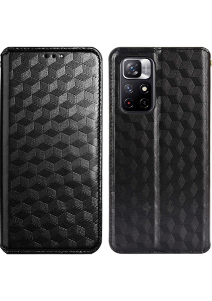 3D Rhombus Desen Pu Deri Stand Cüzdan Koruyucu Telefon Kılıfı Xiaomi Redmi Not 11 5g (Çin) (Mediatek)/redmi Not 11T 5g/redmi Not 11S 5g-Black (Yurt Dışından)