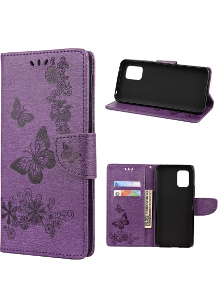 Kelebek Desen Baskı Tpu+Pu Deri Stand Cüzdan Telefon Koruyucusu Xiaomi Mi 10 Lite 5g-Purple (Yurt Dışından)