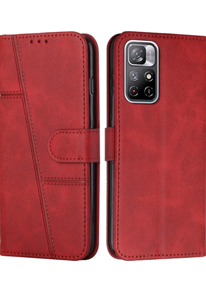 Cüzdan Standı Damla Geçirmez Tam Koruma Ekleme Pu Deri Telefon Kapak Koruyucusu Xiaomi Için Kayış ile Not 11 5g (Çin) (Mediatek)/redmi Not 11T 5g/redmi Not 11S 5g-Kırmızı (Yurt Dışından)