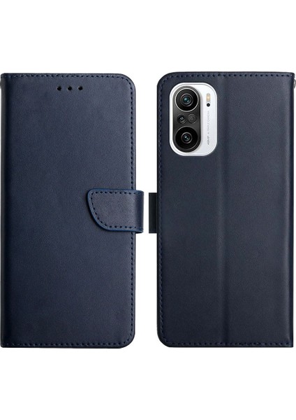 Tamamen Sarılmış Nappa Doku Düz Renk Yatay Stand Cüzdan Kasası Orijinal Deri Dış Kapak+Xiaomi Mi 11I Için Yumuşak Tpu Iç Kabuk/poco F3/redmi K40/K40 Pro-Mavi (Yurt Dışından)
