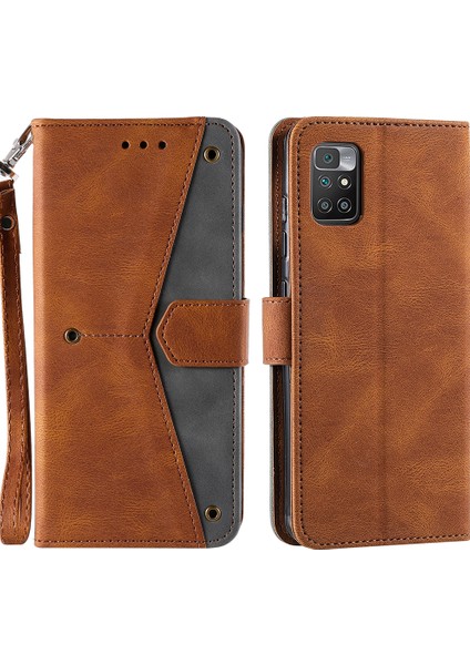 Xiaomi Için Redmi 10 4g (2021)/REDMI 10 2022 4g/redmi Not 11 4g (Mediatek)/redmi 10 Prime Ekleme Dikişli Pu Deri Stand Cüzdan Telefon Kılıfı Koruyucu Cover-Brown (Yurt Dışından)
