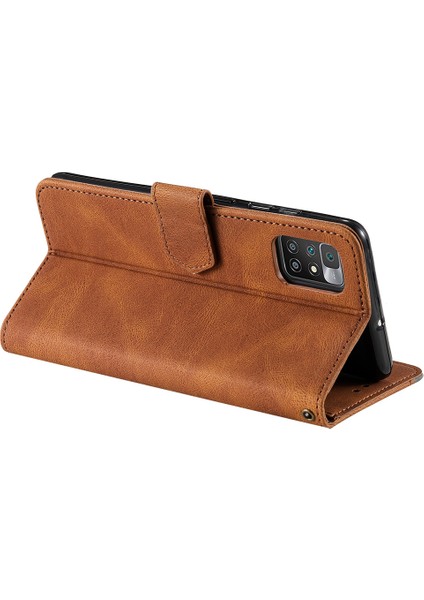 Xiaomi Için Redmi 10 4g (2021)/REDMI 10 2022 4g/redmi Not 11 4g (Mediatek)/redmi 10 Prime Ekleme Dikişli Pu Deri Stand Cüzdan Telefon Kılıfı Koruyucu Cover-Brown (Yurt Dışından) modelleri