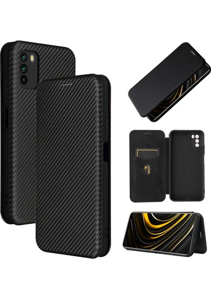 Karbon Fiber Doku Xiaomi Poco M3-Black Için Otomatik Emer Deri Kapak (Yurt Dışından)