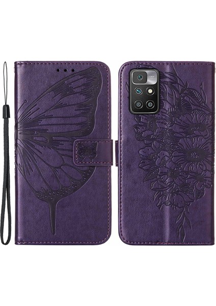 Şok Geçirmez Baskı Kelebek Çiçek Deseni Deri Cüzdan Xiaomi Için Bilek Kayışı ile Telefon Kılıfı Not 11 4g (Mediatek)/10 4g (2021)/10 2022 4g/10 Prime-Dark Mor (Yurt Dışından)