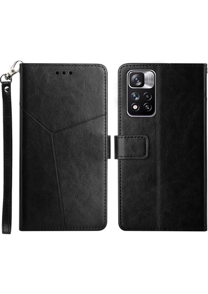 Şık Baskılı Y Şeklindeki Çizgiler Manyetik Pu Deri Stand Flip Cüzdan Telefon Kapağı Xiaomi Redmi Için Kayış ile Not 11+ 5g/redmi Not 11 Pro 5g (Çin) (Mediatek) -Black (Yurt Dışından)