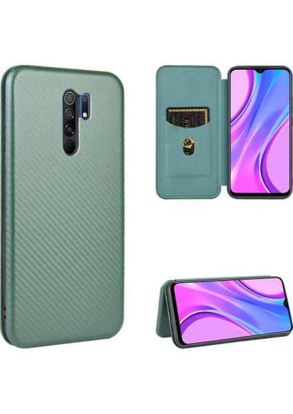 Karbon Fiber Otomatik Absorlanmış Deri Stand Cep Telefonu Kılıfı Xiaomi Redmi 9 Yeşil (Yurt Dışından)