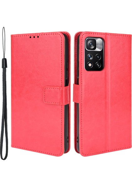 Çılgın At Doku Anti Drop Anti-Drop Şık Pu Deri Cüzdan Xiaomi Redmi Için Kullanışlı Kayış ile Manyetik Kapanma Kılıfı Not 11 Pro+ 5g/redmi Note 11 Pro 5g (Çin) (Mediatek) -Red (Yurt Dışından)