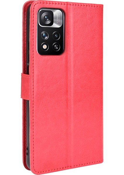 Çılgın At Doku Anti Drop Anti-Drop Şık Pu Deri Cüzdan Xiaomi Redmi Için Kullanışlı Kayış ile Manyetik Kapanma Kılıfı Not 11 Pro+ 5g/redmi Note 11 Pro 5g (Çin) (Mediatek) -Red (Yurt Dışından)