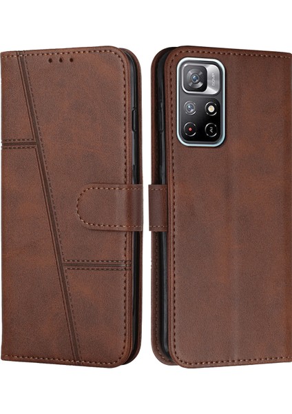 Cüzdan Standı Damla Geçirmez Tam Koruma Ekleme Pu Deri Telefon Kapak Koruyucusu Xiaomi Için Kayış ile Not 11 5g (Çin) (Mediatek)/redmi Not 11T 5g/redmi Not 11S 5g-Brown (Yurt Dışından)