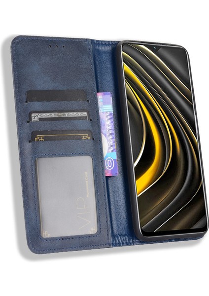 Manyetik Vintage Style Cüzdan Stand Telefon Kılıfı Xiaomi Poco M3-Blue Için (Yurt Dışından)