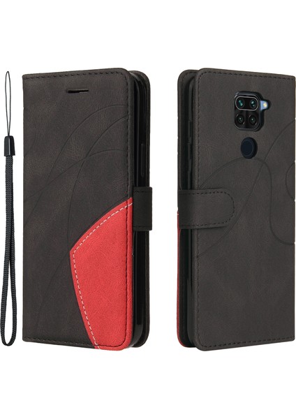 Iki Renkli Ekleme Manyetik Toka Tasarımı Dayanıklı Şok Geçirmez Pu Deri Cüzdan Kılıfı Xiaomi Redmi Note 9 (Mtk Helio G85) -Black (Yurt Dışından)