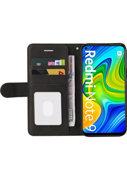 Iki Renkli Ekleme Manyetik Toka Tasarımı Dayanıklı Şok Geçirmez Pu Deri Cüzdan Kılıfı Xiaomi Redmi Note 9 (Mtk Helio G85) -Black (Yurt Dışından)
