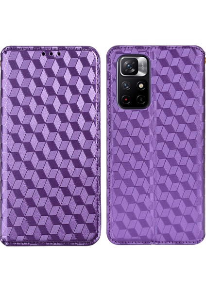 3D Rhombus Desen Pu Deri Stand Cüzdan Koruyucu Telefon Kılıfı Xiaomi Redmi Not 11 5g (Çin) (Mediatek)/redmi Not 11T 5g/redmi Not 11S 5g-Purple (Yurt Dışından)