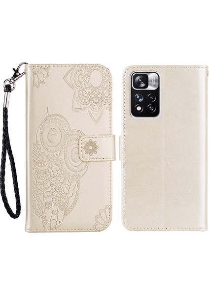 Rhinestone Dekor Baykuş Çiçeği Baskı Pu Derisi+ Tpu Telefon Kılıf Kapağı Stand Cüzdanı ile Xiaomi Redmi Note 11 Pro 5g (Çin) (Mediatek)/11 Pro+ 5g-Gold (Yurt Dışından)