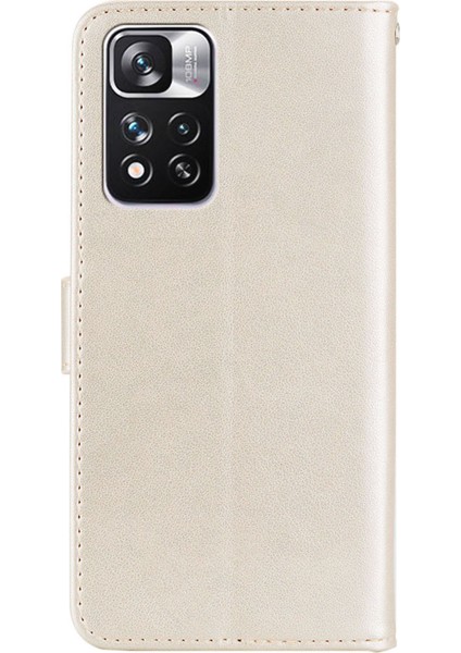 Rhinestone Dekor Baykuş Çiçeği Baskı Pu Derisi+ Tpu Telefon Kılıf Kapağı Stand Cüzdanı ile Xiaomi Redmi Note 11 Pro 5g (Çin) (Mediatek)/11 Pro+ 5g-Gold (Yurt Dışından)