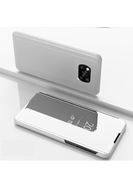 Pencere Aynası Yüzey Deri Deri Flip Telefon Kapağı Xiaomi Için Poco X3/poco X3 Nfc Destek Kablosuz Şarj Silver (Yurt Dışından)