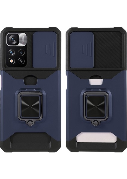 Kamera Kaydırıcı Anti-Fall Koruma Pc+ Tpu Telefon Kılıf Kartı Yuvası ve Kickstand Tasarım Telefon Kapağı Xiaomi Redmi Note 11 Pro 5g (Çin) (Mediatek)/note 11 Pro+ 5g-Dark Mavi (Yurt Dışından)
