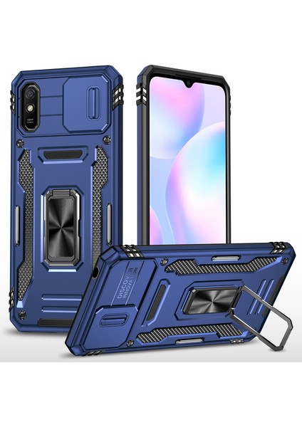 Xiaomi Için Zırh Serisi Redmi 9A Iyi Korumalı Slayt Kamera Koruyucu Kickstand Telefon Kılıfı Pc+Tpu Koruyucu Kapak-Dark Mavi (Yurt Dışından)