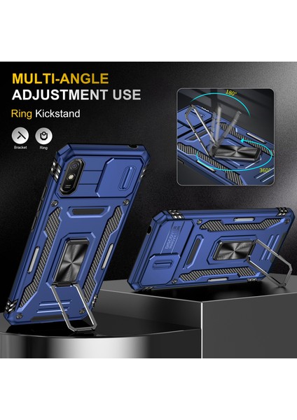 Xiaomi Için Zırh Serisi Redmi 9A Iyi Korumalı Slayt Kamera Koruyucu Kickstand Telefon Kılıfı Pc+Tpu Koruyucu Kapak-Dark Mavi (Yurt Dışından) fırsatları