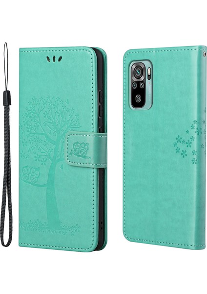 Cüzdan Tasarım Ağacı Baykuş Baskı Şok Geçirmez Anti-Güz Deri Telefon Kapağı Stand Stand For Xiaomi Redmi 10 4g (2021)/10 2022 4g/not 11 4g (Mediatek) -Green (Yurt Dışından)