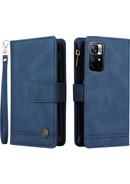 Cilt Dokunuşu Pu Deri Kart Yuvaları Fermuarı Cüzdan Kılıf Flip Stand Stripes Xiaomi Redmi Için Kayış ile Baskılı Kapak Not 11 5g (Çin) (Mediatek)/redmi Not 11T 5g/not 11S 5g-Blue (Yurt Dışından)