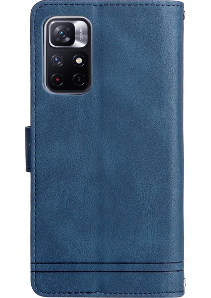 Cilt Dokunuşu Pu Deri Kart Yuvaları Fermuarı Cüzdan Kılıf Flip Stand Stripes Xiaomi Redmi Için Kayış ile Baskılı Kapak Not 11 5g (Çin) (Mediatek)/redmi Not 11T 5g/not 11S 5g-Blue (Yurt Dışından) modelleri