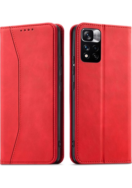 Cüzdan Stand Tasarım Çift Kenar Dikiş Dikiş Anti-Drop Anti-Drop Otomatik Kapanış Deri Telefon Kılıfı Xiaomi Redmi Note 11 Pro 5g (Çin) (Mediatek)/not 11 Pro+ 5g-Red (Yurt Dışından)