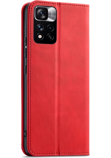 Cüzdan Stand Tasarım Çift Kenar Dikiş Dikiş Anti-Drop Anti-Drop Otomatik Kapanış Deri Telefon Kılıfı Xiaomi Redmi Note 11 Pro 5g (Çin) (Mediatek)/not 11 Pro+ 5g-Red (Yurt Dışından)