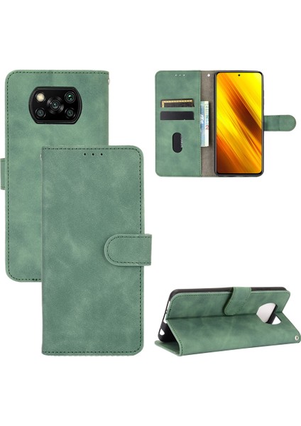 Cilt Touch Koruyucu Cüzdan Stand Deri Deri Flip Case Xiaomi Poco X3 Nfc Alıcı Delik Yeşil (Yurt Dışından)