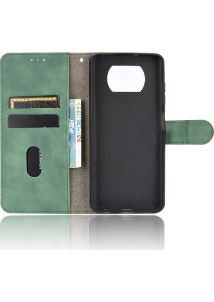 Cilt Touch Koruyucu Cüzdan Stand Deri Deri Flip Case Xiaomi Poco X3 Nfc Alıcı Delik Yeşil (Yurt Dışından)