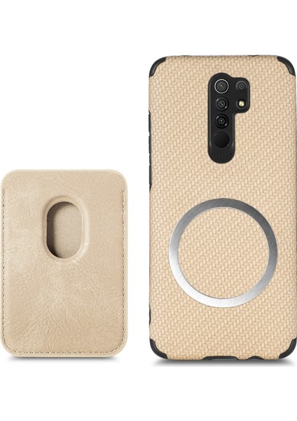 Xiaomi Redmi Için Şok Geçirmez Telefon Kılıfı 9 Kırmızı Dayanıklı Telefon Koruyucu Karbon Fiber Doku Kapak Kabuğu Çıkarılabilir Manyetik Kart Tutucu-Khaki (Yurt Dışından)