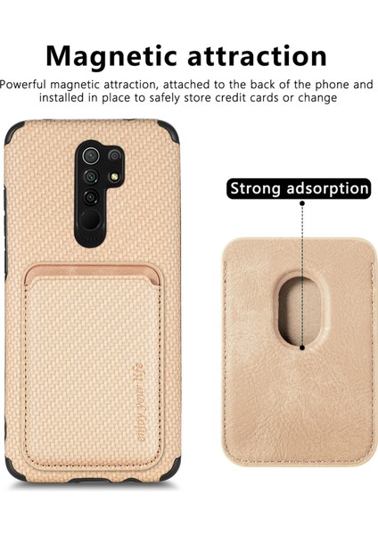 Xiaomi Redmi Için Şok Geçirmez Telefon Kılıfı 9 Kırmızı Dayanıklı Telefon Koruyucu Karbon Fiber Doku Kapak Kabuğu Çıkarılabilir Manyetik Kart Tutucu-Khaki (Yurt Dışından) modelleri