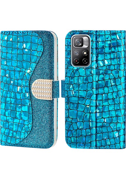 Timsah Doku Işıltılı Toz Şok Geçirmez Tpu+Pu Deri Deri Stand Cüzdan Kılıfı Xiaomi Redmi Not 11 5g (Çin) (Mediatek)/redmi Not 11T 5g/redmi Not 11S 5g-Blue (Yurt Dışından)