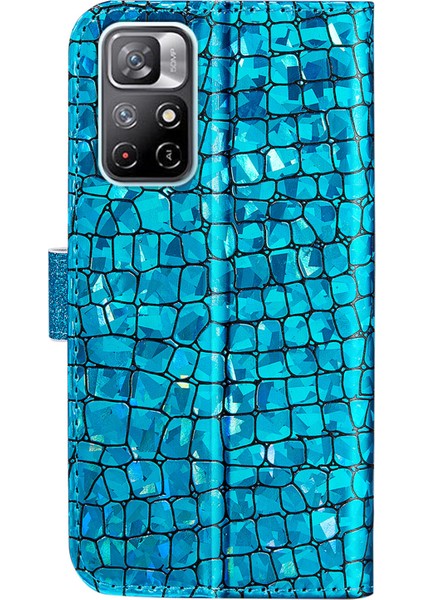 Timsah Doku Işıltılı Toz Şok Geçirmez Tpu+Pu Deri Deri Stand Cüzdan Kılıfı Xiaomi Redmi Not 11 5g (Çin) (Mediatek)/redmi Not 11T 5g/redmi Not 11S 5g-Blue (Yurt Dışından)
