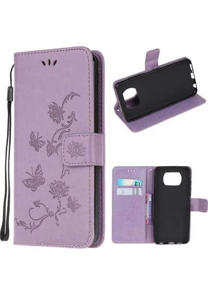 Xiaomi Poco X3/poco X3 Nfc-Purple Için Şık Çiçek ve Kelebek Cüzdan Deri Telefon Koruyucusu (Yurt Dışından)