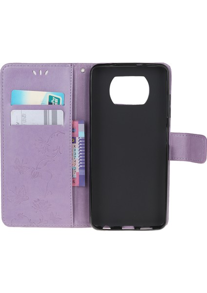 Xiaomi Poco X3/poco X3 Nfc-Purple Için Şık Çiçek ve Kelebek Cüzdan Deri Telefon Koruyucusu (Yurt Dışından)
