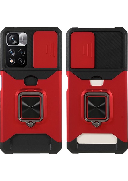 Kamera Kaydırıcı Anti-Fall Koruma Pc+ Tpu Telefon Kılıf Kartı Yuvası ve Kickstand Tasarım Telefon Kapağı Xiaomi Redmi Note 11 Pro 5g (Çin) (Mediatek)/note 11 Pro+ 5g-Red (Yurt Dışından)