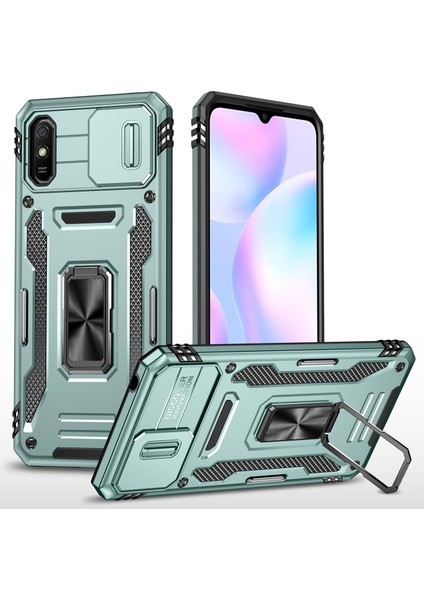 Xiaomi Için Zırh Serisi Redmi 9A Iyi Korumalı Slayt Kamera Koruyucu Kickstand Telefon Kılıfı Pc+Tpu Koruyucu Kapak Yeşil (Yurt Dışından)