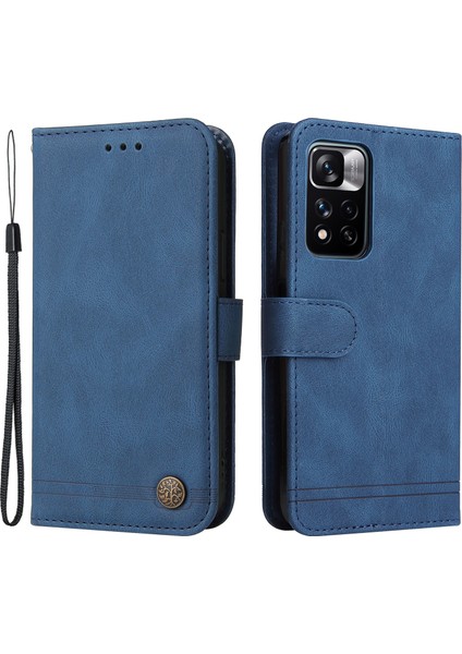 Deri Kılıf Deri Touch Stand Cüzdan Deri Kapak Kabuğu Ağaç Desenli Metal Düğme Dekoru Xiaomi Redmi Not 11 Pro 5g (Çin) (Mediatek)/not 11 Pro+ 5g-Blue (Yurt Dışından)