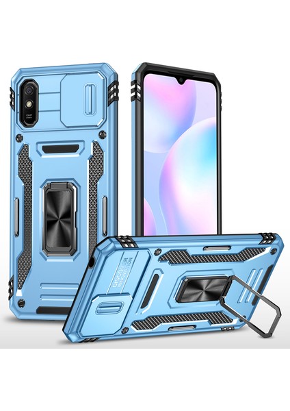 Xiaomi Için Zırh Serisi Redmi 9A Iyi Korumalı Slayt Kamera Koruyucu Kickstand Telefon Kılıfı Pc+Tpu Koruyucu Kapak Mavisi (Yurt Dışından)