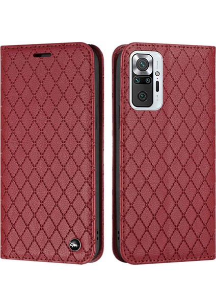 Xiaomi Redmi Için Note 10 Pro 4g (Global)/(Hindistan)/redmi Note 10 Pro Max 4g Anti-Fall Flip Case Rhombus Desen Litchi Doku Manyetik Pu Deri Cüzdan Kapak-Kırmızı (Yurt Dışından)