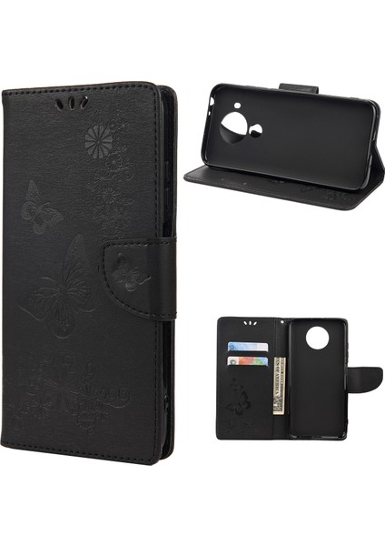 Baskılı Kelebekler Çiçek Deri Cüzdanı Xiaomi Redmi Için Stand Kılıfı Not 9 5g/redmi Not 9t 5g-Black (Yurt Dışından)