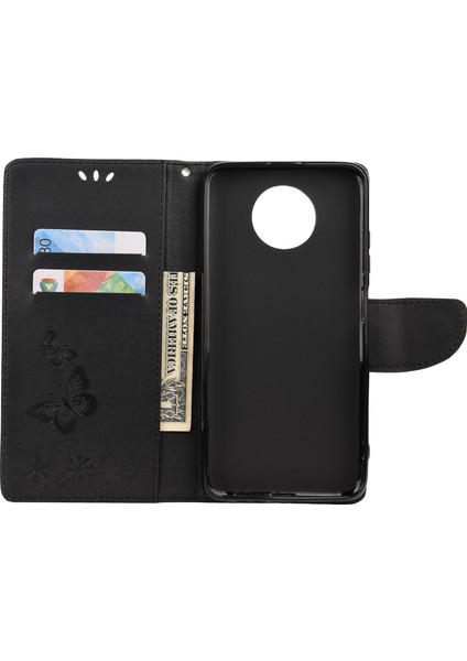 Baskılı Kelebekler Çiçek Deri Cüzdanı Xiaomi Redmi Için Stand Kılıfı Not 9 5g/redmi Not 9t 5g-Black (Yurt Dışından)