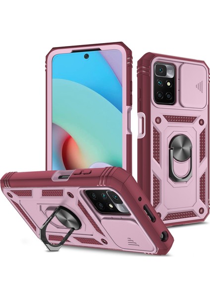 Xiaomi Için Redmi 10 4g (2021)/REDMI 10 2022 4g/redmi Not 11 4g (Mediatek) Kamera Lens Koruyucu Kasa Pc+Tpu Kickstand Kapağı Kart Yuvası-Pembe/koyu Kırmızı (Yurt Dışından)